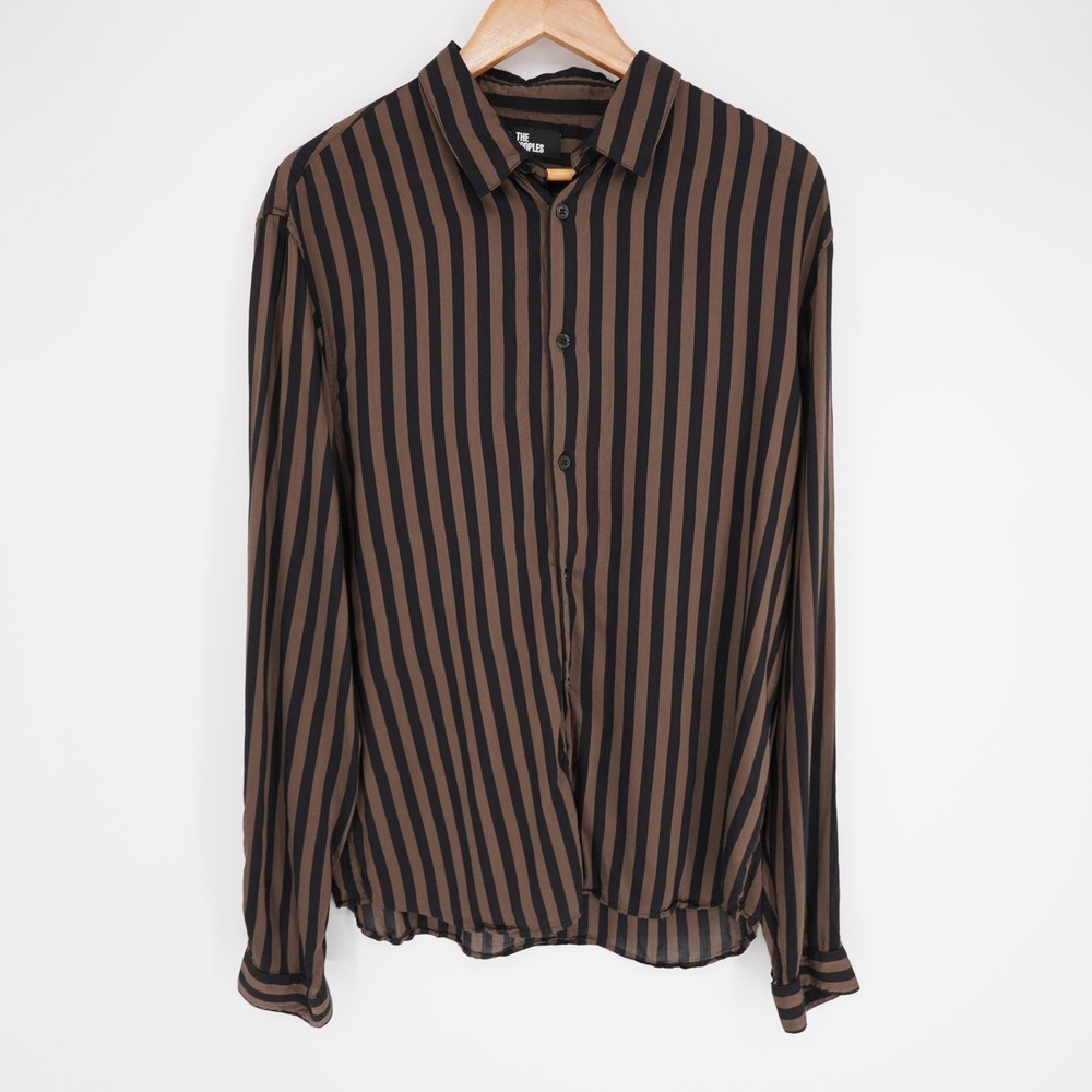 The Kooples Shirt Mens L Brown Rayon Striped Long Sleeve Button Up Casual
